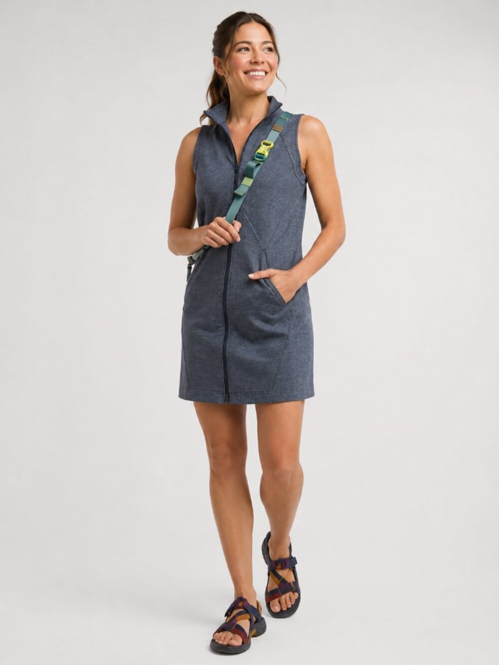 Title Nine Tech Ponte Full Zip Passport Dress XL Blue Gray Sleeveless Travel NWT